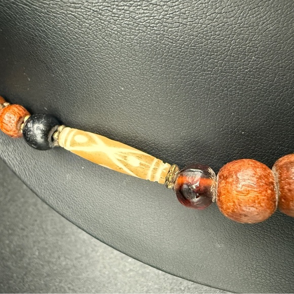 Vintage Handcrafted Carved Camel Bones with Brass Inlayed Wooden Beaded Necklace - Picture 11 of 17